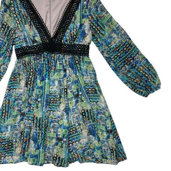 Betsey Johnson Dress Womens 6 Blue Green Black Crochet Trim Boho Whimsigoth Midi - Picture 5 of 16